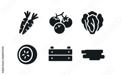 vector solid black filled icons farmers market produce (farm fresh veggies): carrot bunch tomato vine lettuce head zucchini slice crate outline shadow smear.