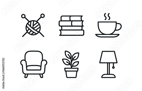 vector outline icons patience (home): knitting needles book stack tea cup cozy chair potted plant soft lamp light.