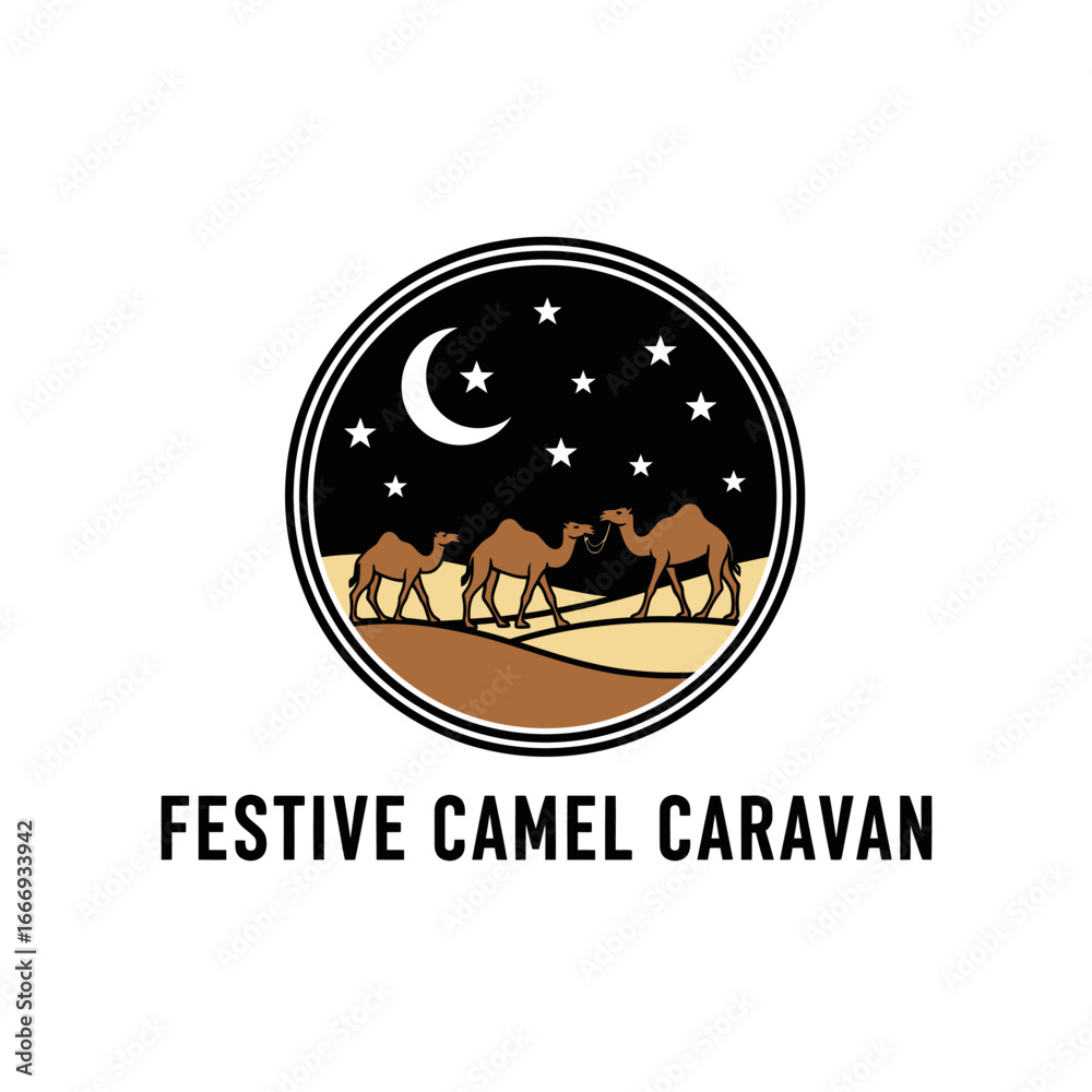 Obraz premium Three camels walk across the desert under a crescent moon and starry night sky.