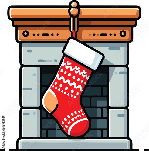 Red Christmas stocking with white polka dots and wavy lines hanging from a fireplace holiday winter vector EPS file download