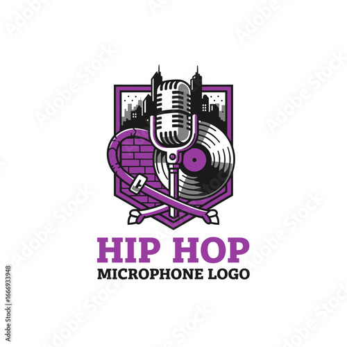 Cool hip hop logo featuring a microphone, vinyl record, and city skyline.