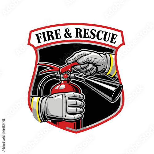 Fire & Rescue emblem featuring a firefighter using an extinguisher.