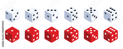 Set of dices. White and Red 3d dice icon vector set. Six faces of game die from one to six on white background. 