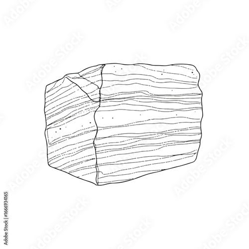 An outlined sandstone block displays prominent layered striation lines, rendered with a clean and simple thin stroke vector illustration style, evoking natural geological formations.