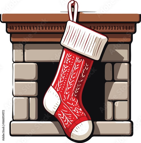 Red knitted Christmas stocking hanging from a wooden mantelpiece above a stone fireplace pattern vector EPS file download