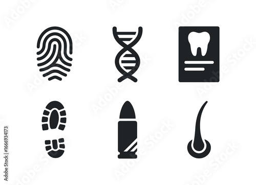 vector solid black filled icons forensic analyst (identification methods): fingerprint pattern dna helix dental record shoeprint cast bullet striation hair sample.