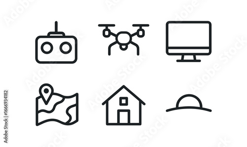 vector outline icons topographer (aerial view): drone controller drone in air monitor screen map overlay rooftop horizon.