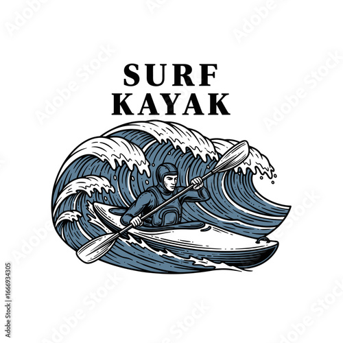 A person kayaking through powerful waves.  Surf Kayak adventure.