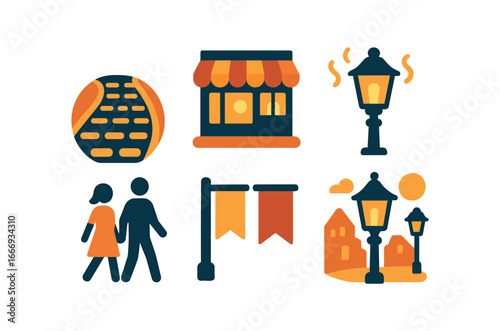 vector colorful filled icons evening lantern walk (village street): cobblestone road shop lit lanterns people strolling banners warm air.