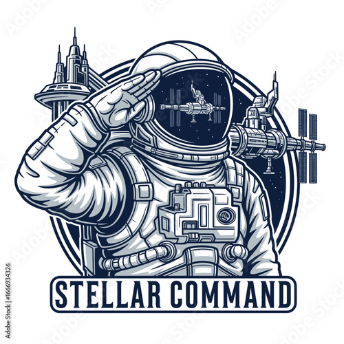 Astronaut saluting space station, futuristic illustration