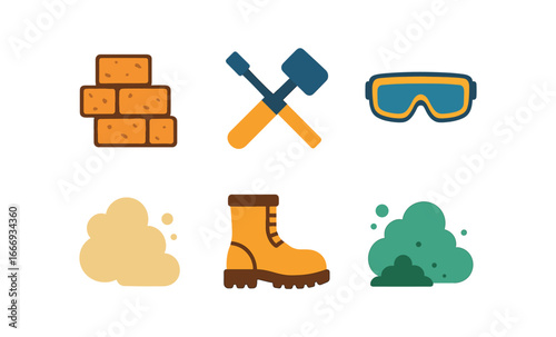 vector colorful filled icons mason (stone work): rough blocks chisel mallet safety glasses dust sturdy boots.