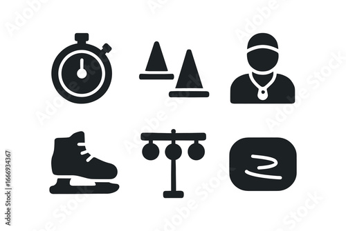 vector solid black filled icons speed skating (training): stopwatch cones coach skates rink lights smooth ice.
