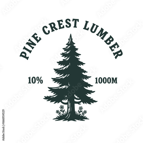 A vintage logo featuring a majestic pine tree, symbolizing Pine Crest Lumber.