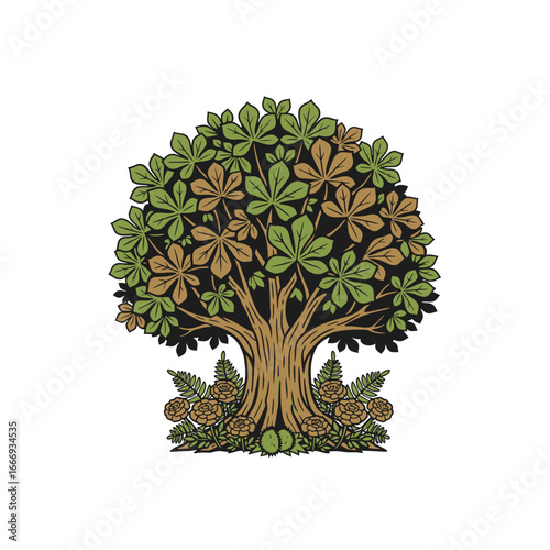 A detailed illustration of a chestnut tree with autumnal leaves and flowers.