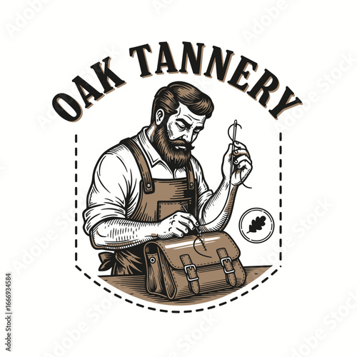 A skilled craftsman meticulously stitches a leather bag.  Oak Tannery logo.