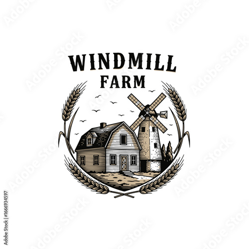 A charming logo depicting a windmill and farmhouse, surrounded by wheat, symbolizing rural life and agriculture.