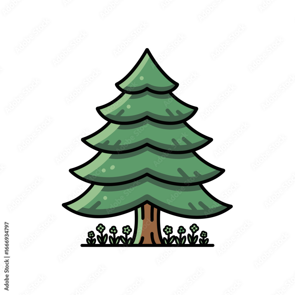Fototapeta premium A charming illustration of a green evergreen tree with colorful flowers at its base.
