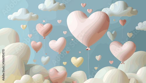 Airy heart-shaped balloons floating among soft clouds in a pastel sky
