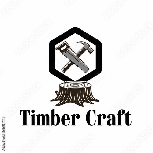 A logo for a timber crafting business.  Features a saw and hammer on a tree stump.