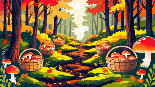 Autumn forest path with baskets full of mushrooms surrounded by colorful foliage
