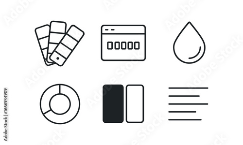 vector outline icons company rebranding (brand colors): swatch blocks hex codes droplet icons palette ring contrast bars sample text.