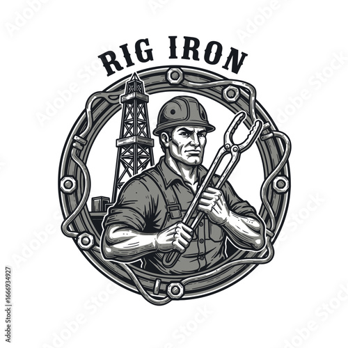 A strong oil worker with tools, a powerful illustration for an oil rig company.