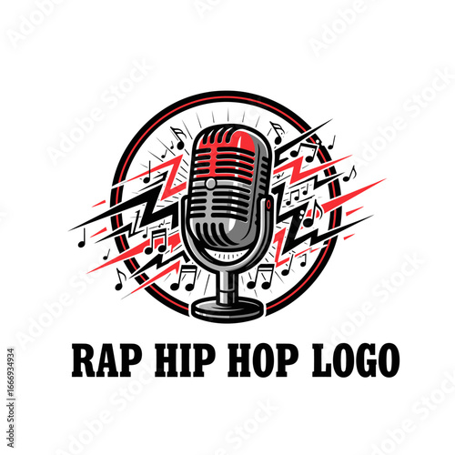 Cool rap hip hop logo featuring a retro microphone, musical notes, and vibrant energy.