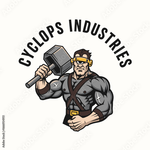 Cyclops Industries logo featuring a muscular one-eyed strongman wielding a large hammer.