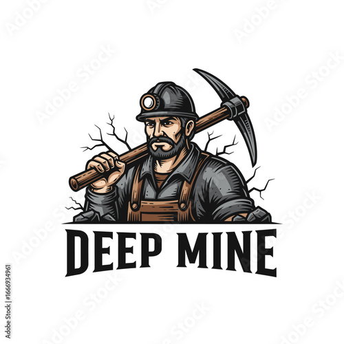 A strong miner with a pickaxe, vintage style illustration.