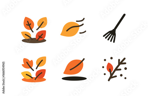 vector colorful filled icons autumn leaves raking (scattered leaves): leaf fall motion lines rake silhouette ground speck shadow twig dot.