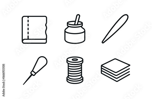 vector outline icons bookbinder (workbench): leather cover glue pot bone folder stitching awl thread spool stacked pages.
