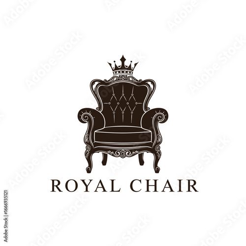A logo featuring a regal chair with a golden crown.