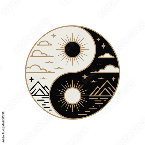 A decorative Yin Yang symbol with sun and moon mountain landscapes representing the balance of day and night vector illustration