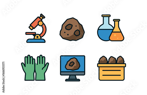 vector colorful flat filled icons geochemist (lab): microscopes rock samples chemical flasks gloves computer labeled trays.