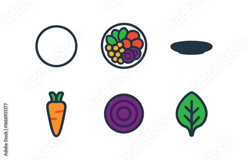 vector colorful filled icons vegan salad plate (rainbow salad): plate outline multi veggies shadow smear carrot ribbon beet slice spinach icon.