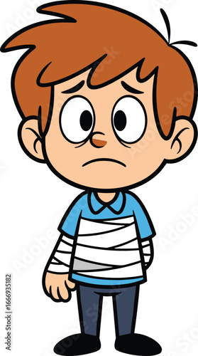 Cartoon injured boy with bandaged arms looking sad, emotional character illustration in casual clothes isolated on white background vector artwork