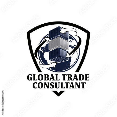 A logo for a global trade consultant, featuring shipping containers circling the globe.