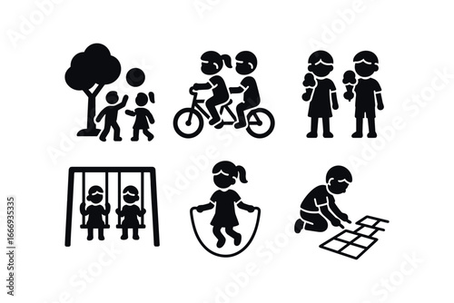 vector solid black filled icons preadolescence (friends): park games bicycle ride ice cream swings skipping rope drawing on sidewalk.