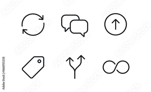 vector outline icons cross functional collaboration (feedback loop): circular arrows comment icons update badge version tag merge icon loop line.