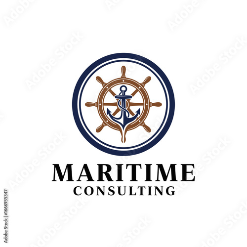 A logo for a maritime consulting firm.  Features an anchor and ship's wheel.