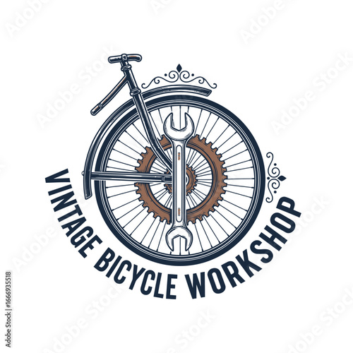 Vintage bicycle workshop logo with a wrench and bicycle wheel.