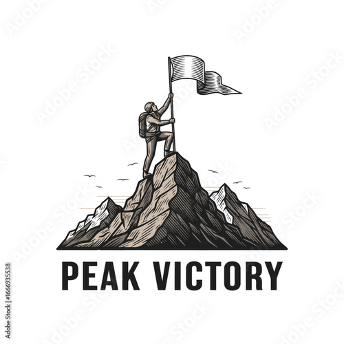 A climber plants a flag on a mountain peak, symbolizing achievement and victory.