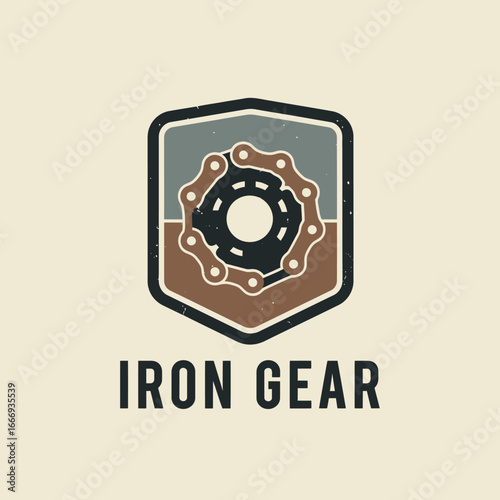Vintage logo design featuring a gear and chain, symbolizing strength and reliability.