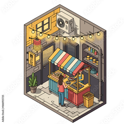 Woman ordering street food from a stall in a cozy alley