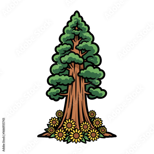 A tall redwood tree surrounded by sunflowers.  Nature illustration.