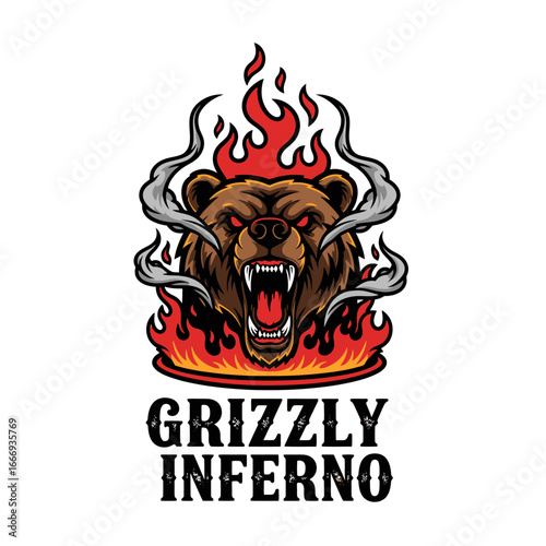 Grizzly bear engulfed in flames, logo design.