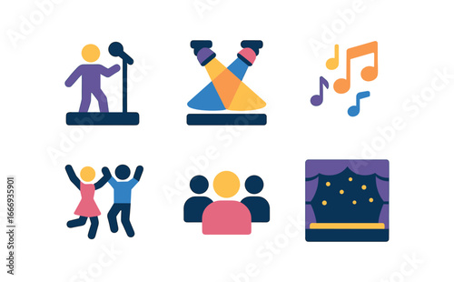 vector colorful flat filled icons dusk celebration (stage): performers colored lights music dancing audience backdrop.