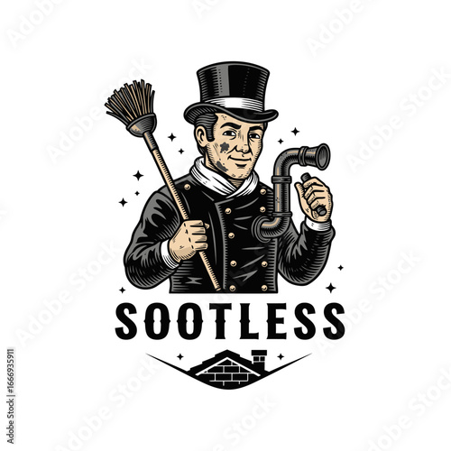 A vintage-style logo featuring a chimney sweep.  Perfect for a cleaning business.