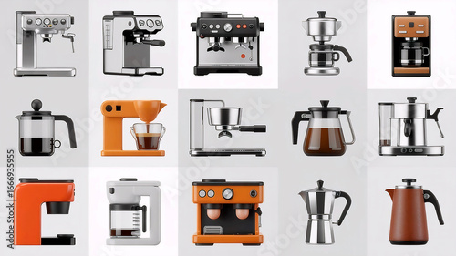 15 realistic 3D coffee machine icons. White background. Varied types & styles.