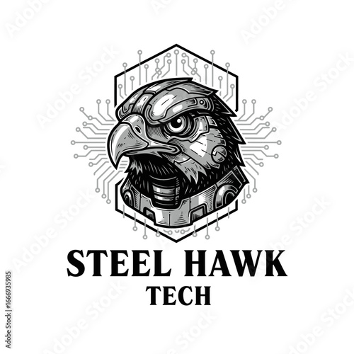 Robotic eagle head logo for Steel Hawk Tech.  Cyberpunk style.